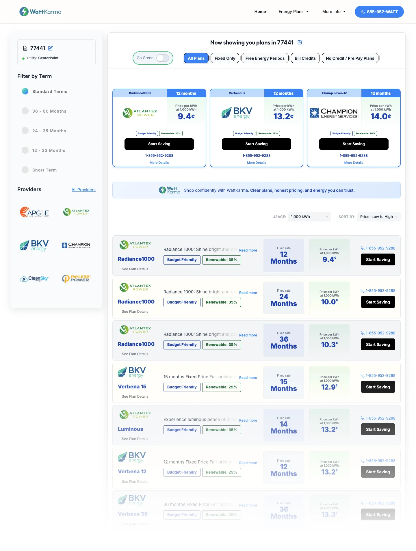 WattKarma energy plan product results page with comparison cards