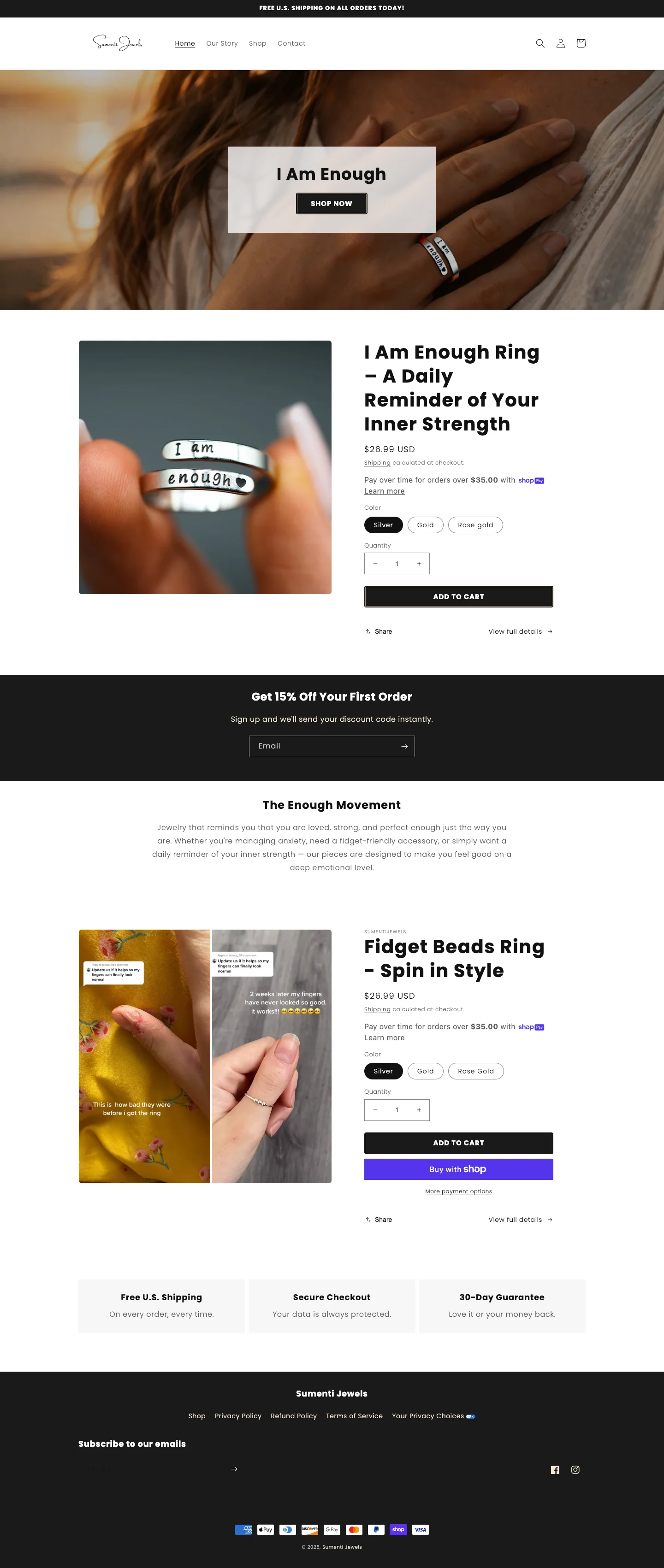 Sumenti Jewels homepage design with minimal layout and featured jewelry collection