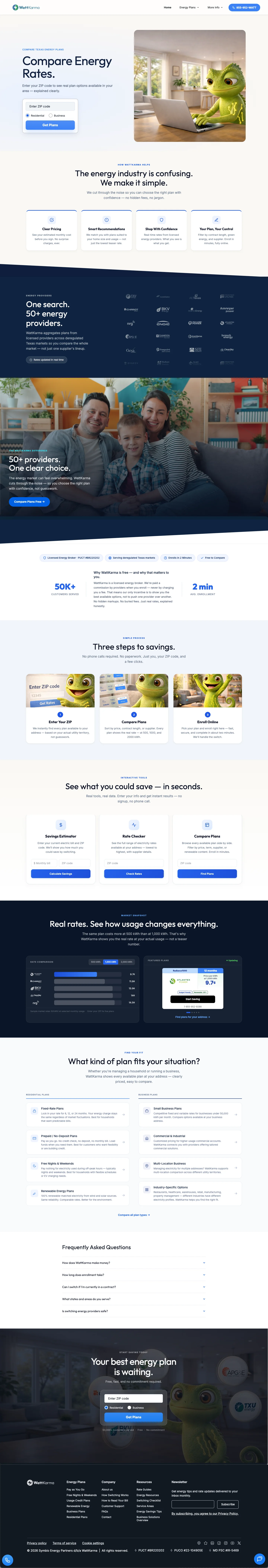 WattKarma homepage full-width design showing plan search and value proposition