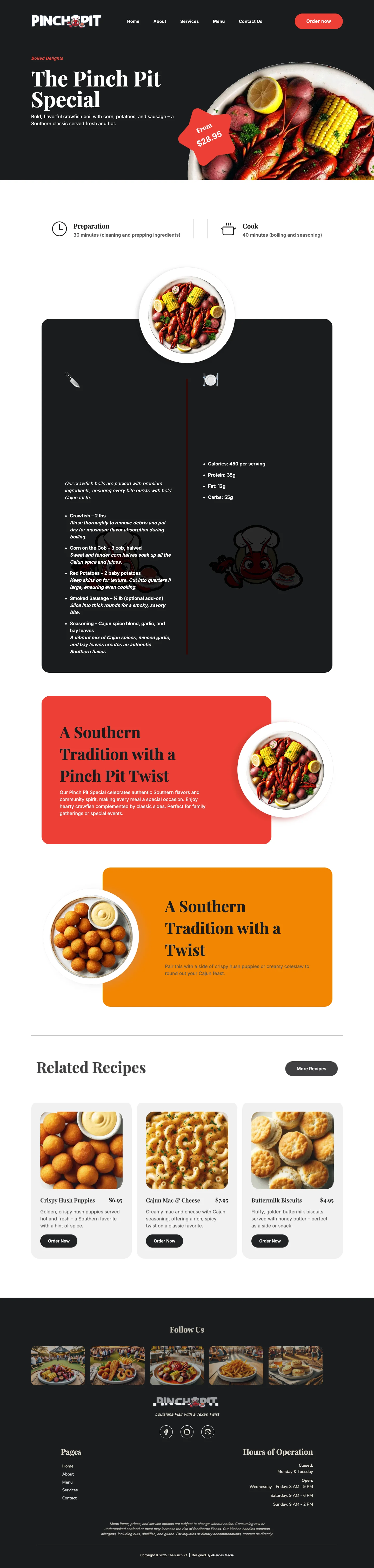 The Pinch Pit menu dishes page featuring Cajun food photography