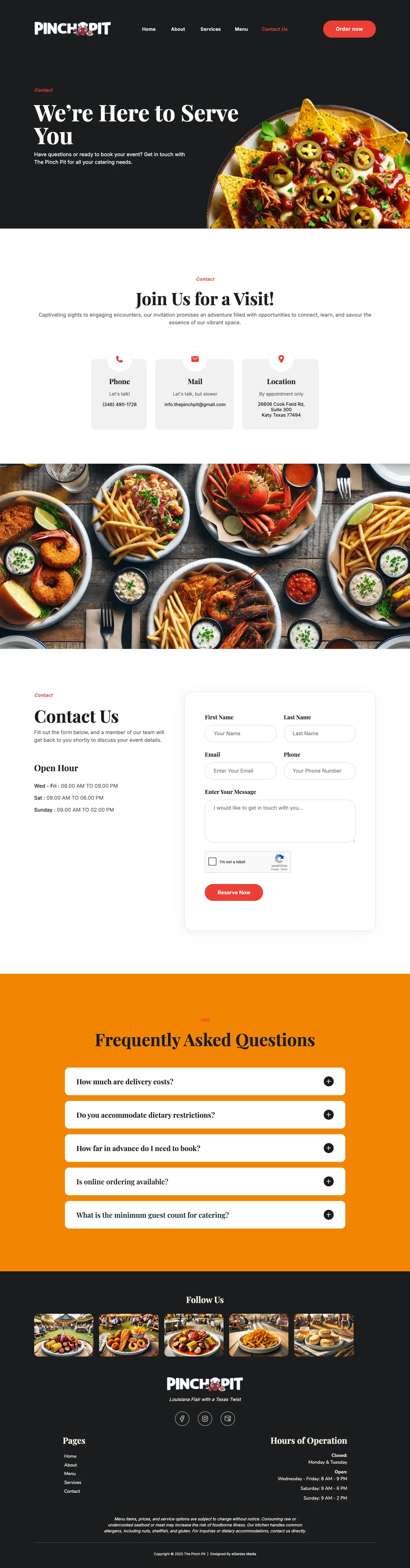 The Pinch Pit contact page with location, hours, and catering inquiry form
