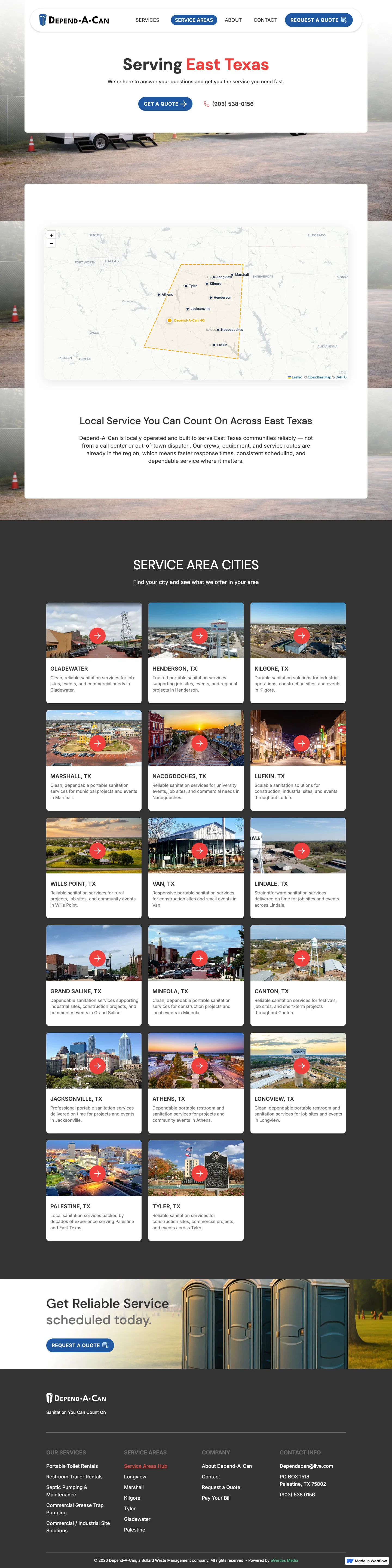 Depend-A-Can service areas page showing coverage across East Texas cities