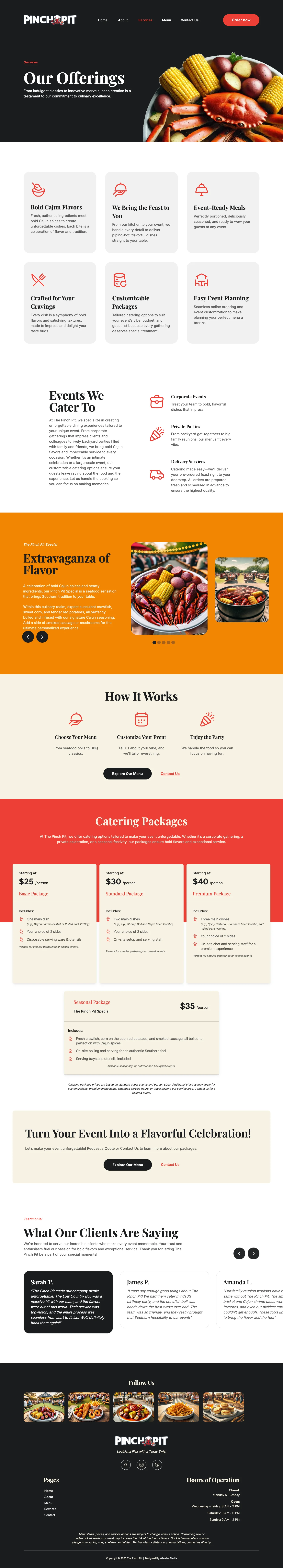 The Pinch Pit catering services page with event booking and packages