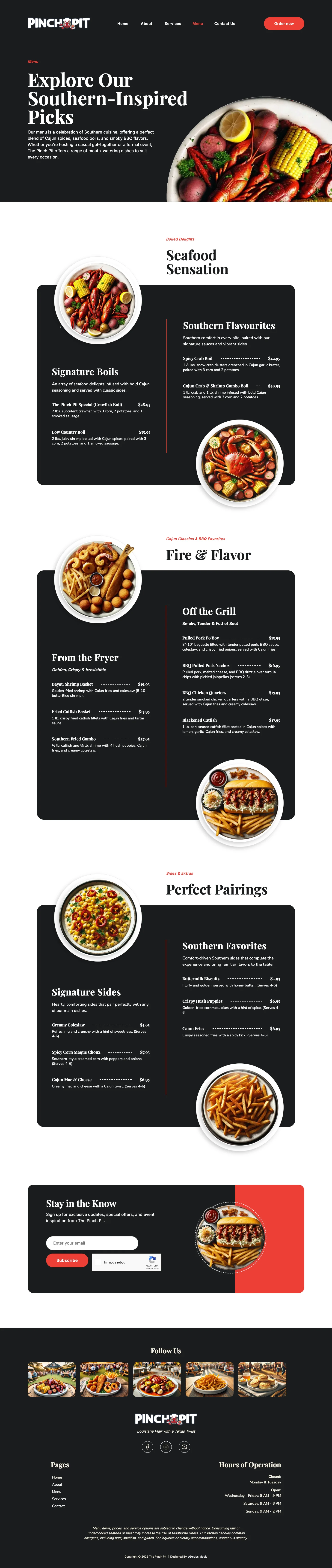 The Pinch Pit menu page with organized sections and pricing