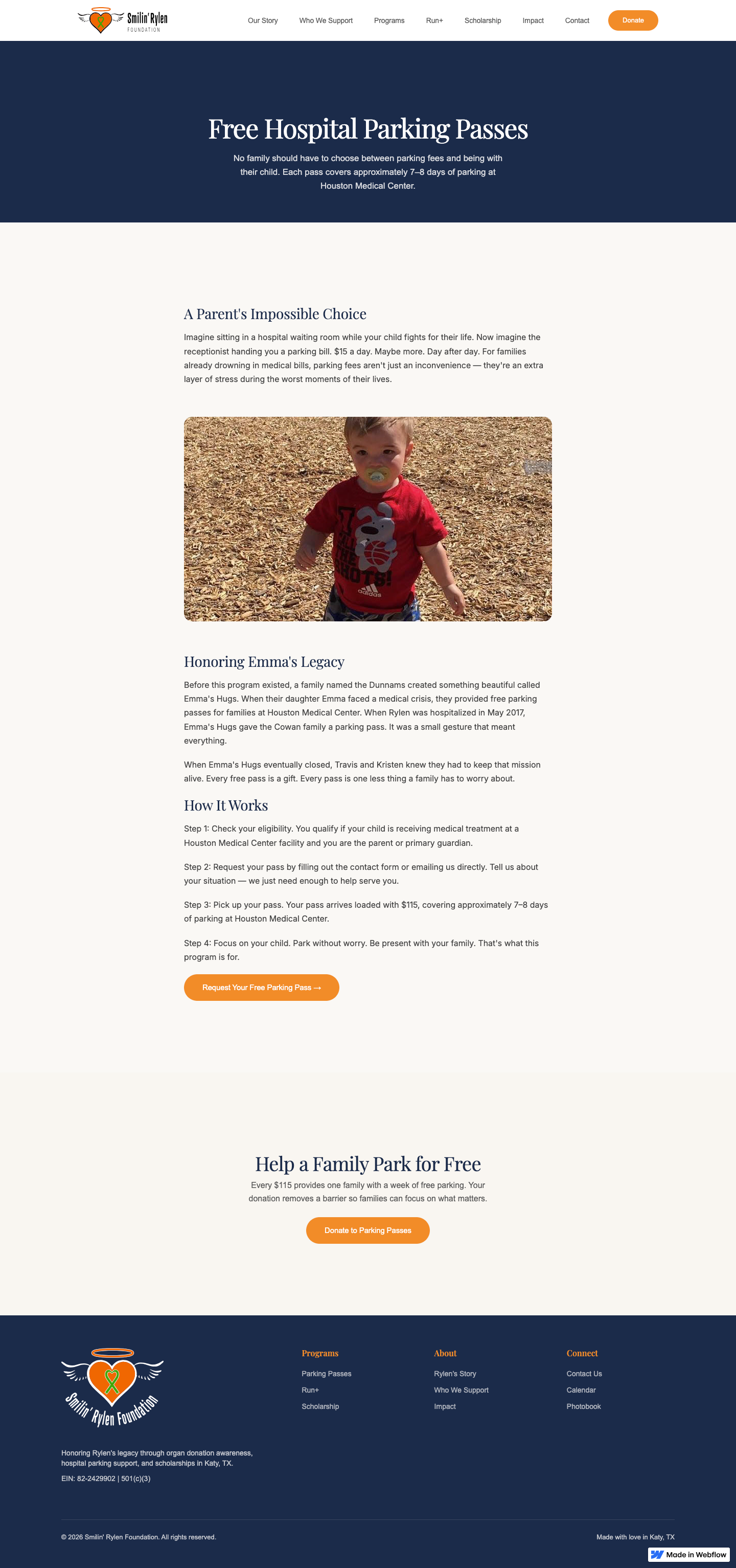 Smilin Rylen Foundation event parking passes page design