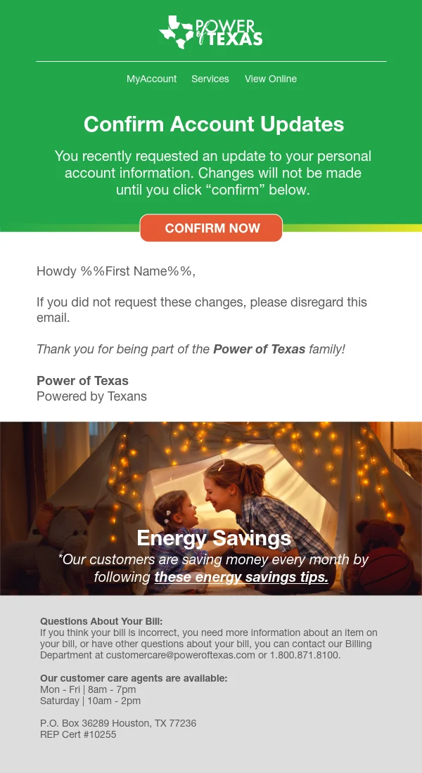 Power of Texas welcome email design with account setup and plan details