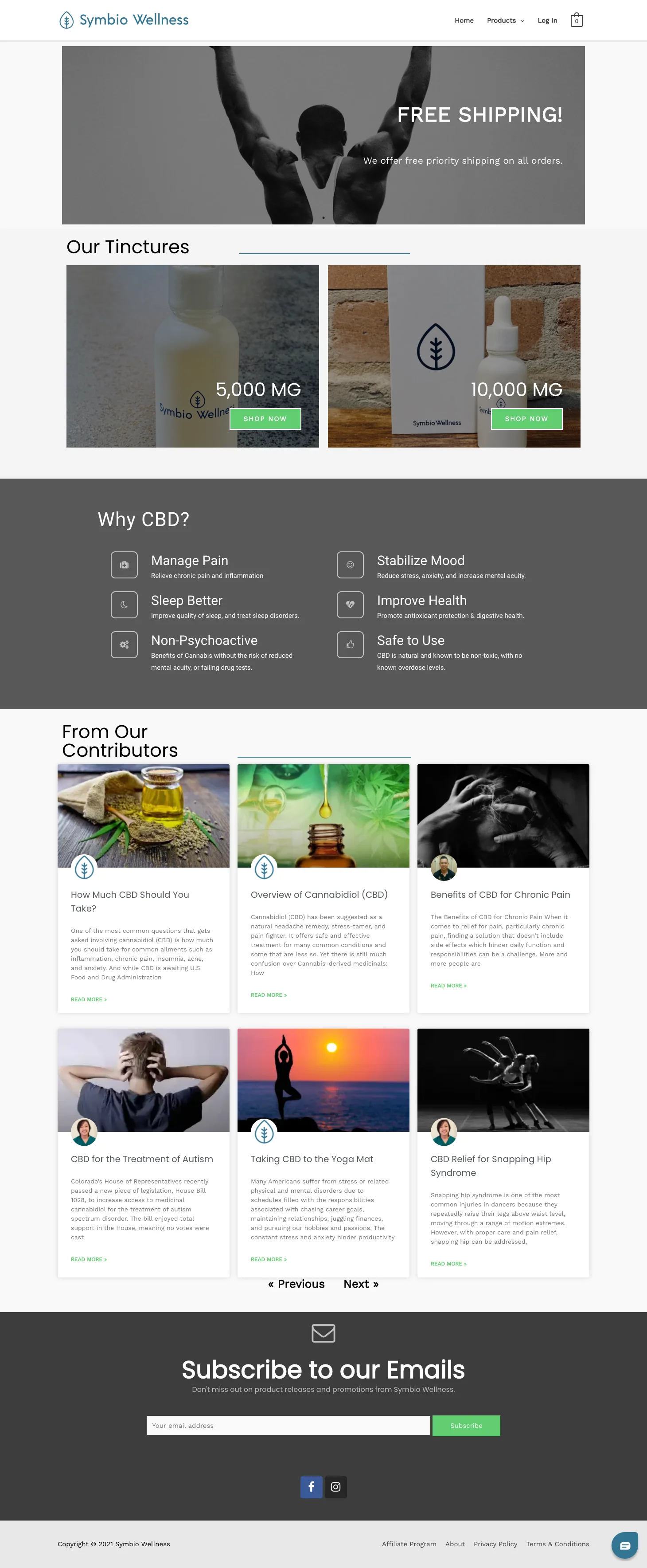 Symbio Wellness homepage design with product showcase and brand messaging