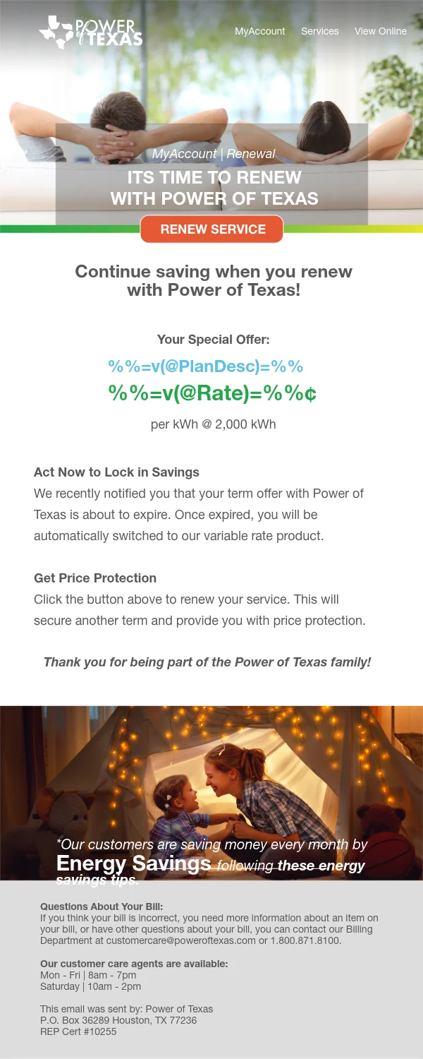 Power of Texas promotional email design with energy plan rate comparison