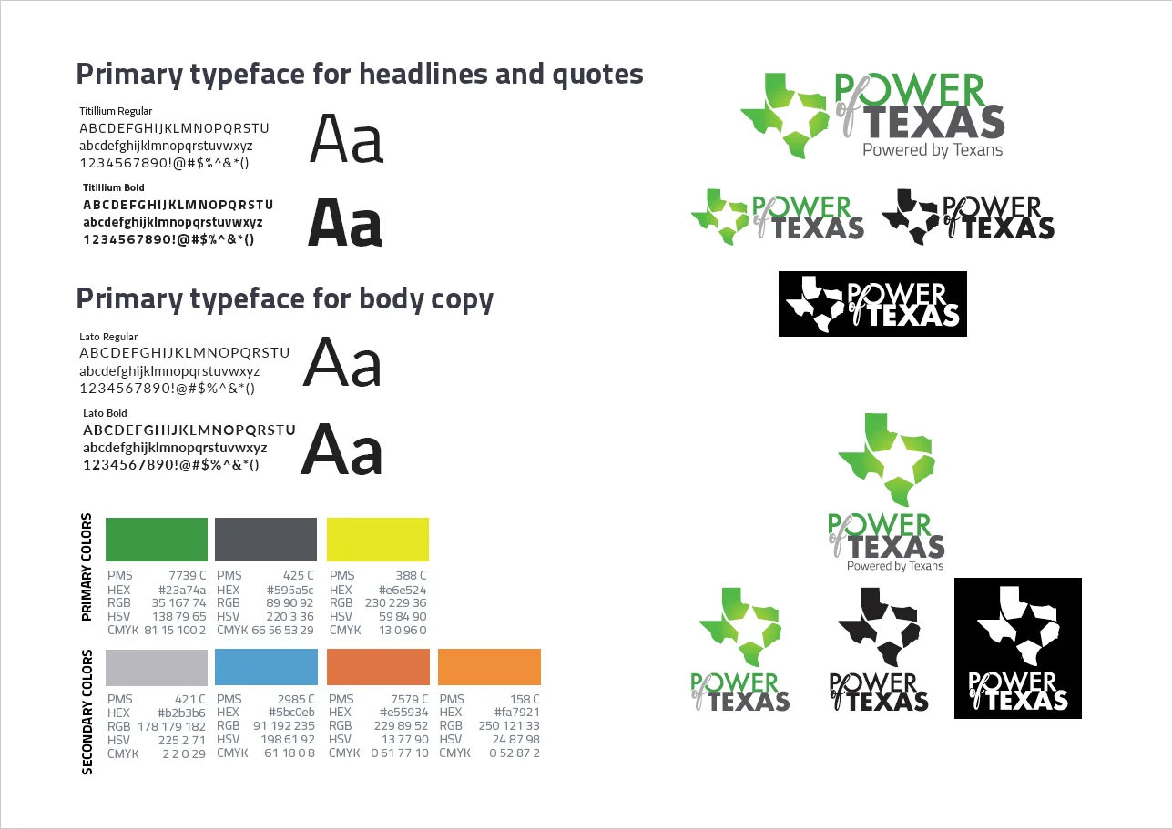 Power of Texas brand guide showing logo usage, color palette, and typography