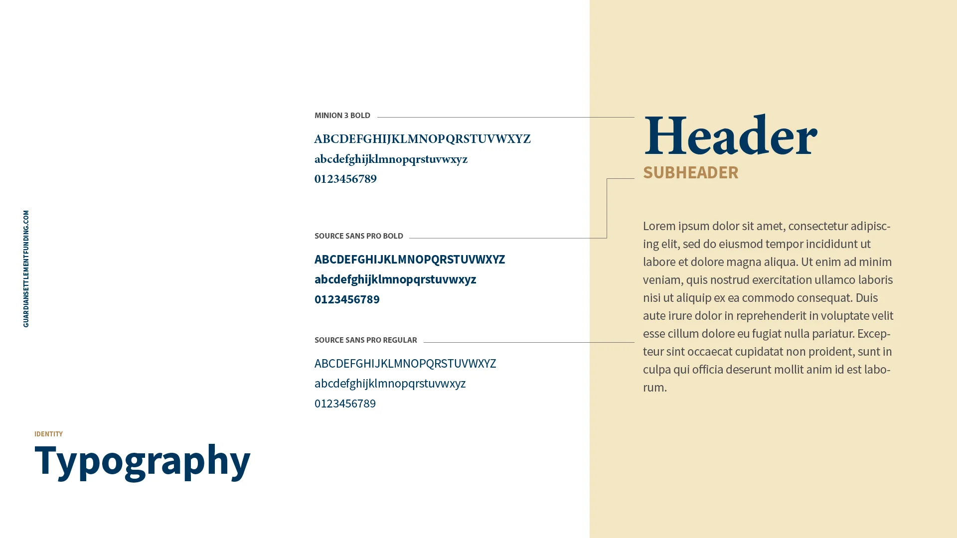 Guardian Settlement Funding typography guide with heading and body font pairings