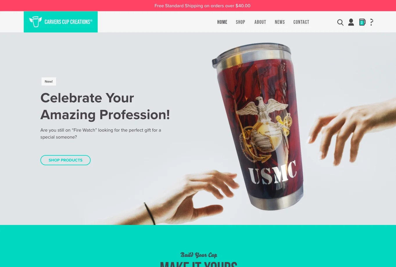 Carvers Cup Creations homepage version 2 with product gallery and navigation