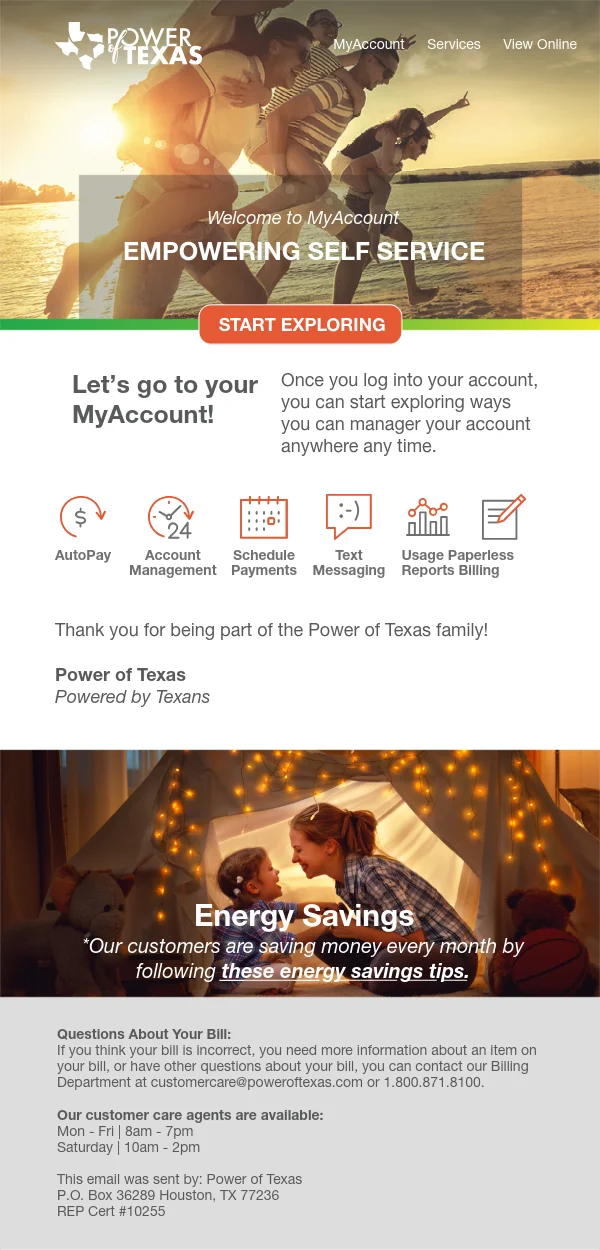 Power of Texas retention email design with renewal offer and plan options