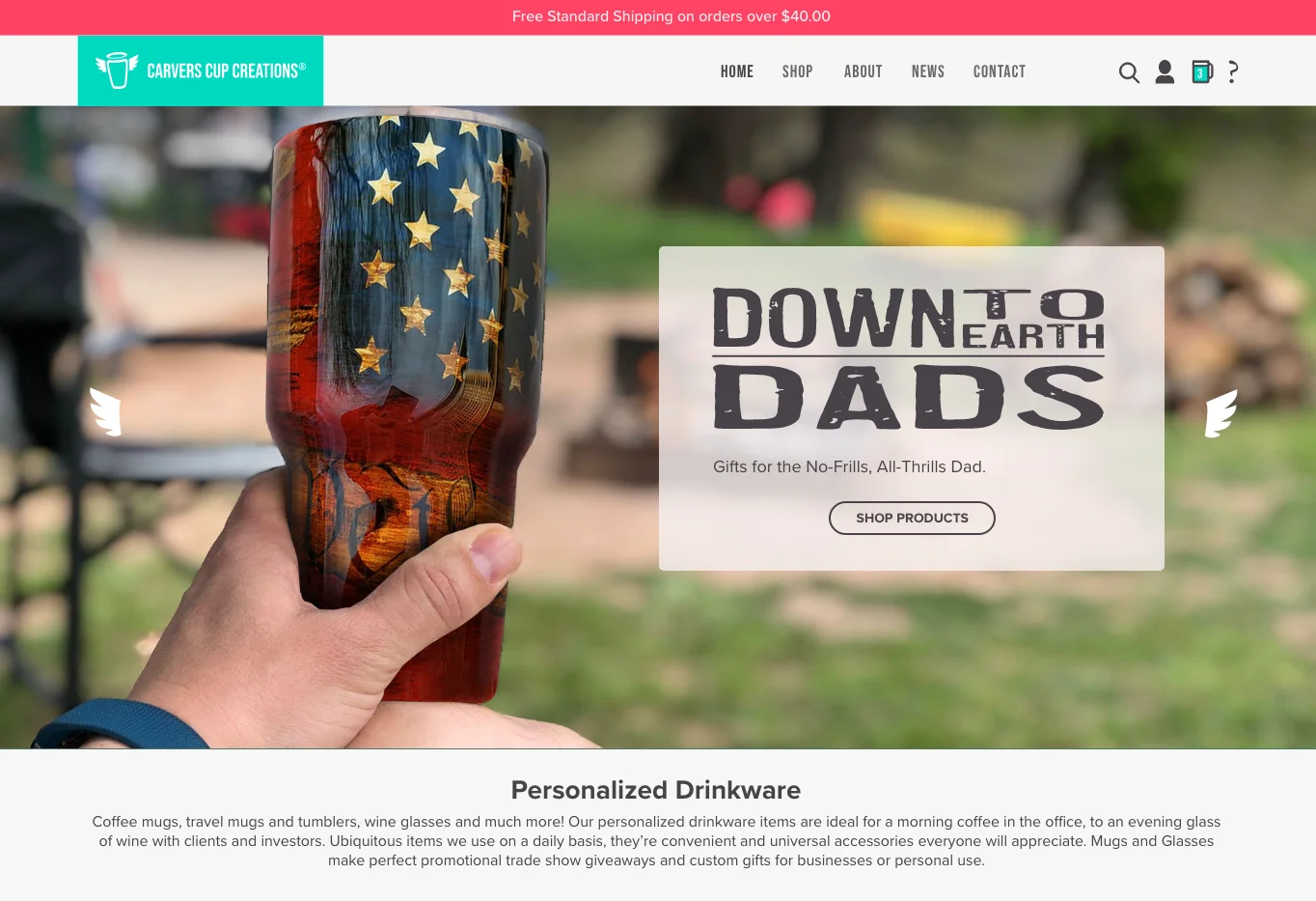 Carvers Cup Creations homepage version 1 design concept with hero section