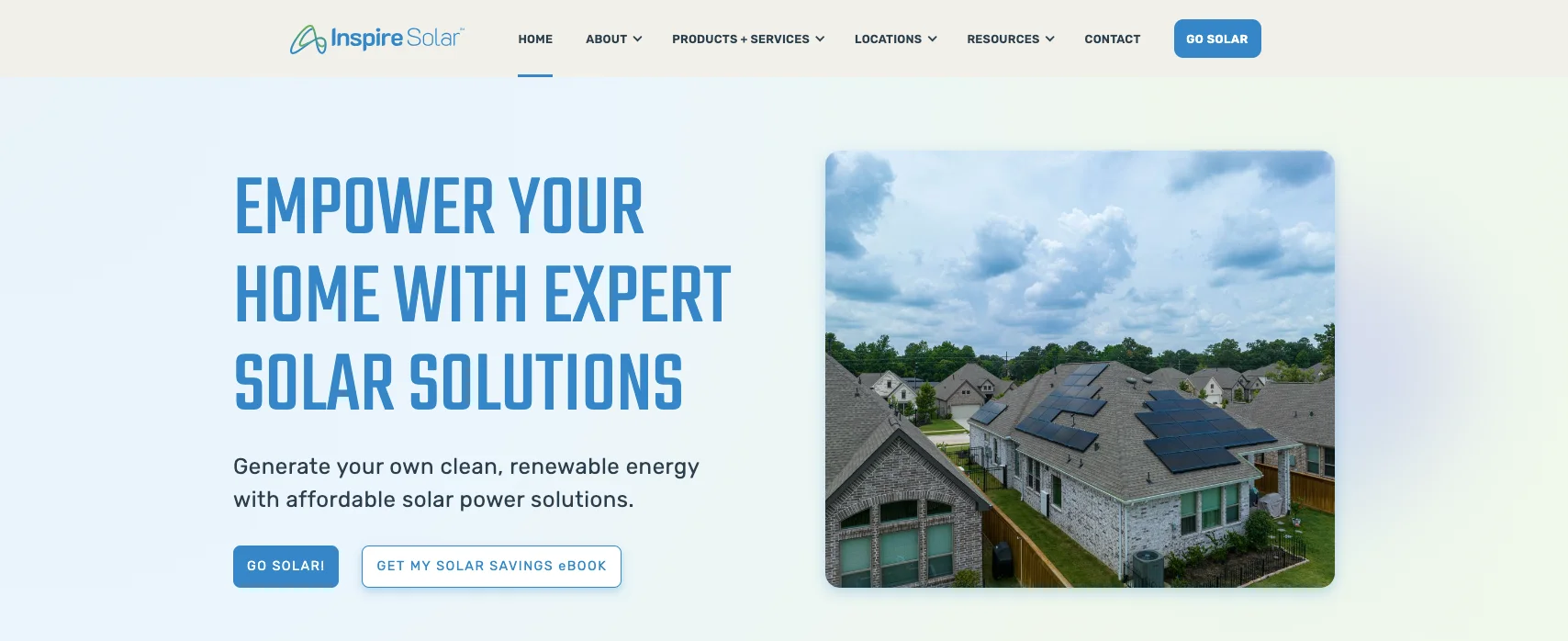 Inspire Solar homepage hero section with solar panel imagery and lead capture