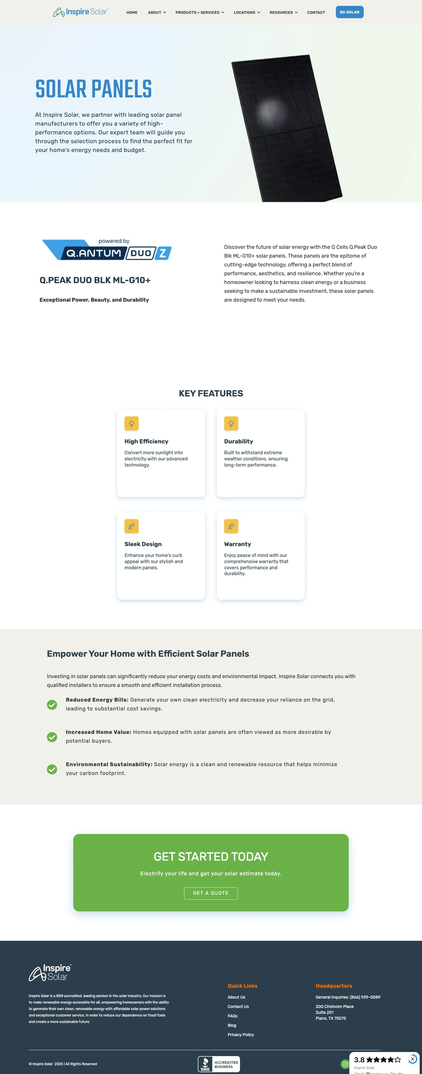 Inspire Solar residential panels page with product details and quote request