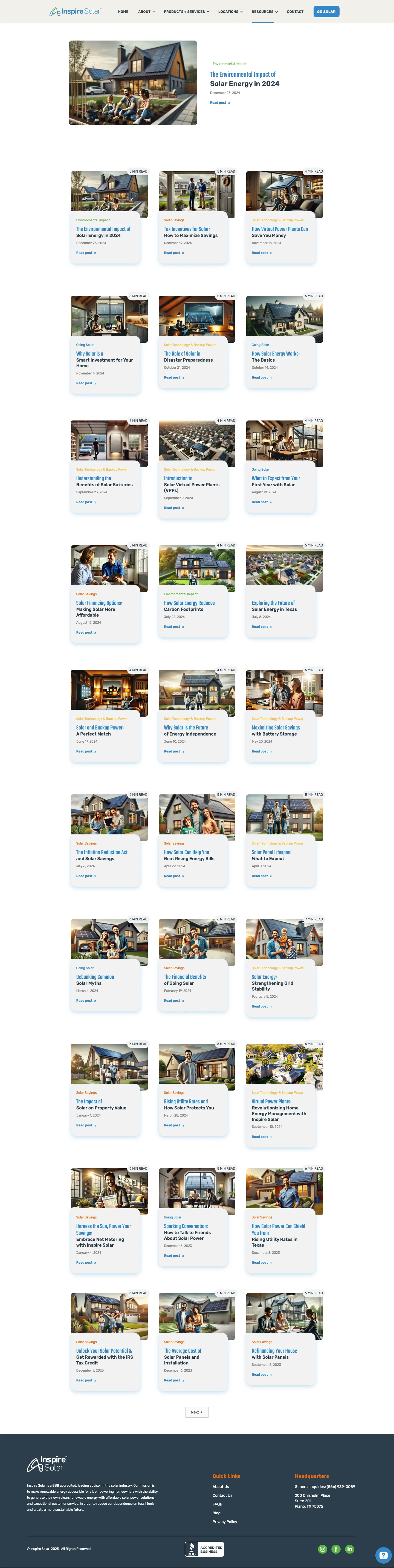 Inspire Solar blog page design with content layout and category filtering