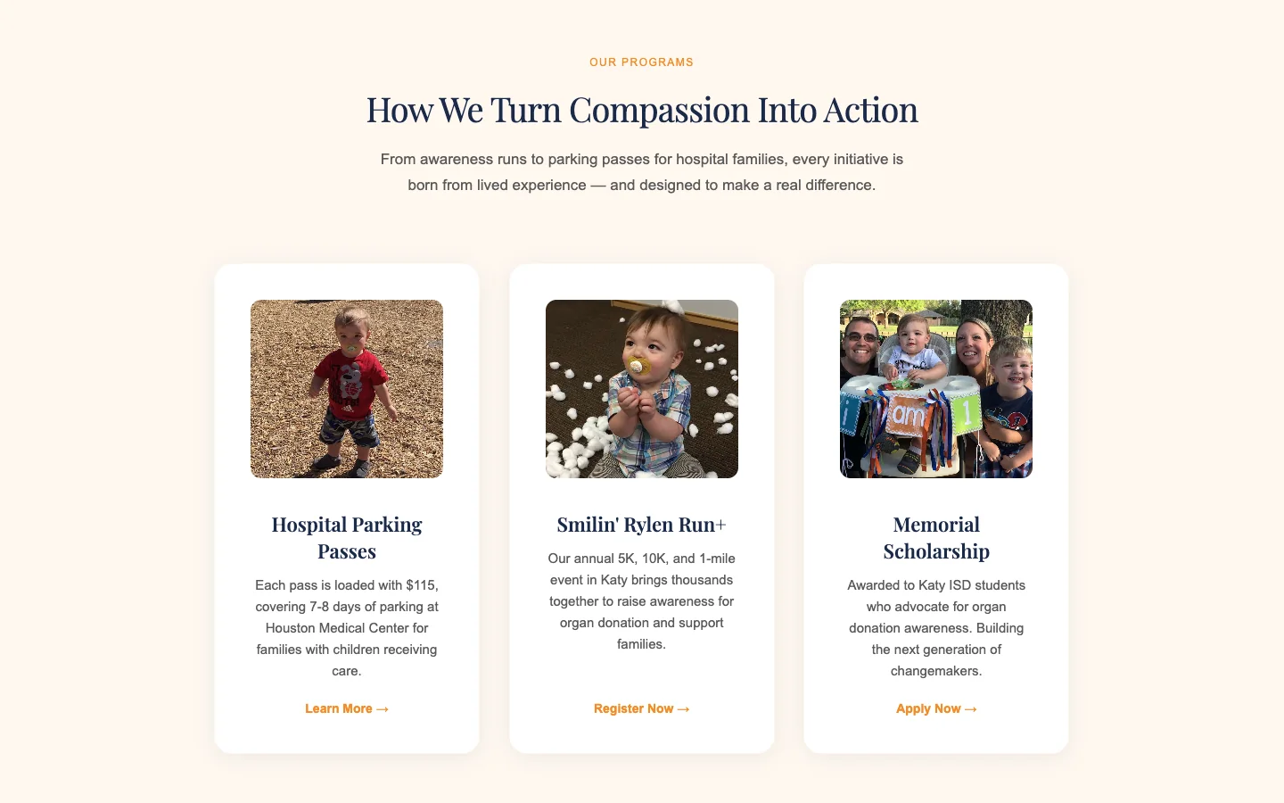 Smilin Rylen Foundation programs section with cards for parking passes, the annual run, and the memorial scholarship