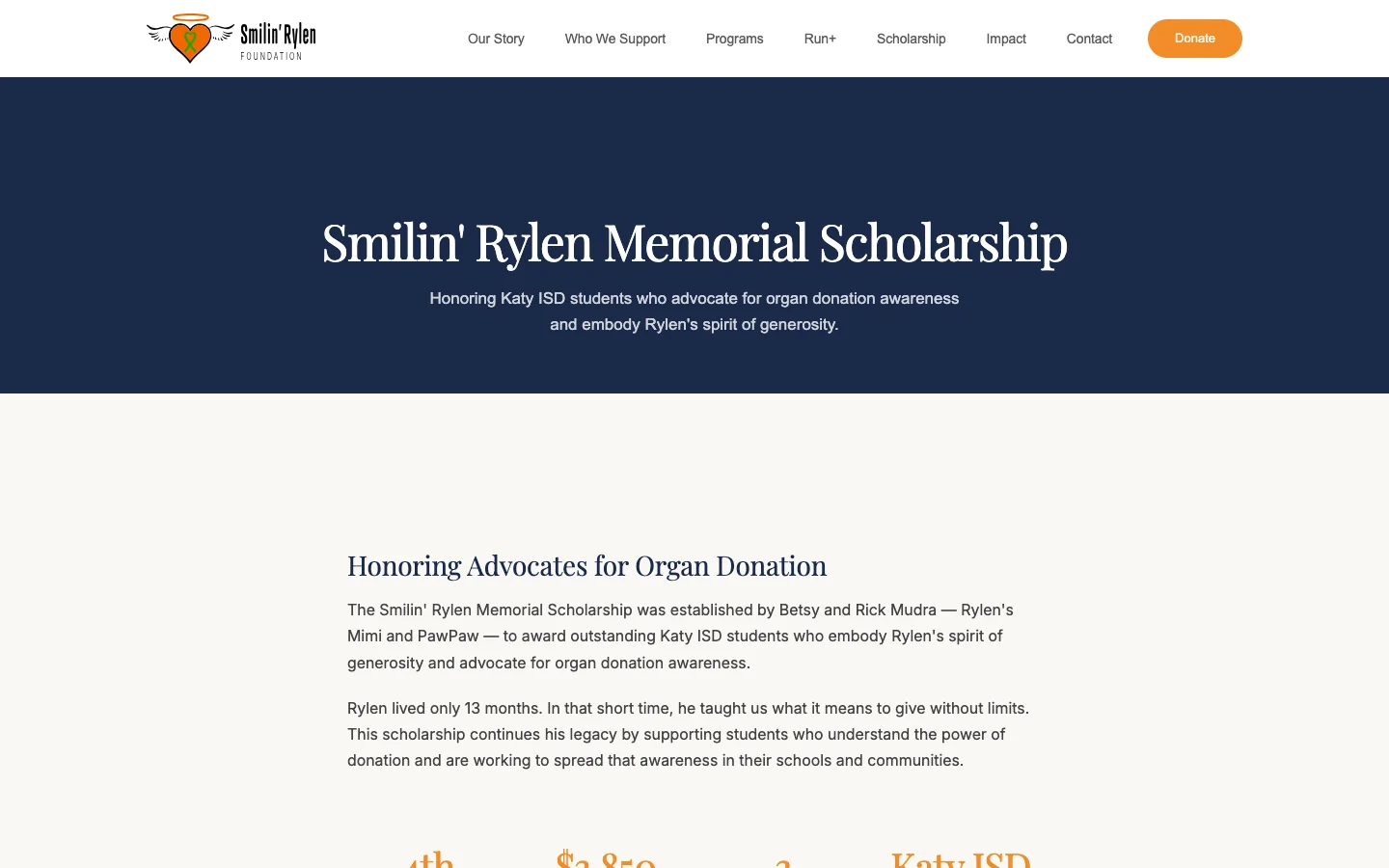 Smilin Rylen Memorial Scholarship page with award stats for Katy ISD students