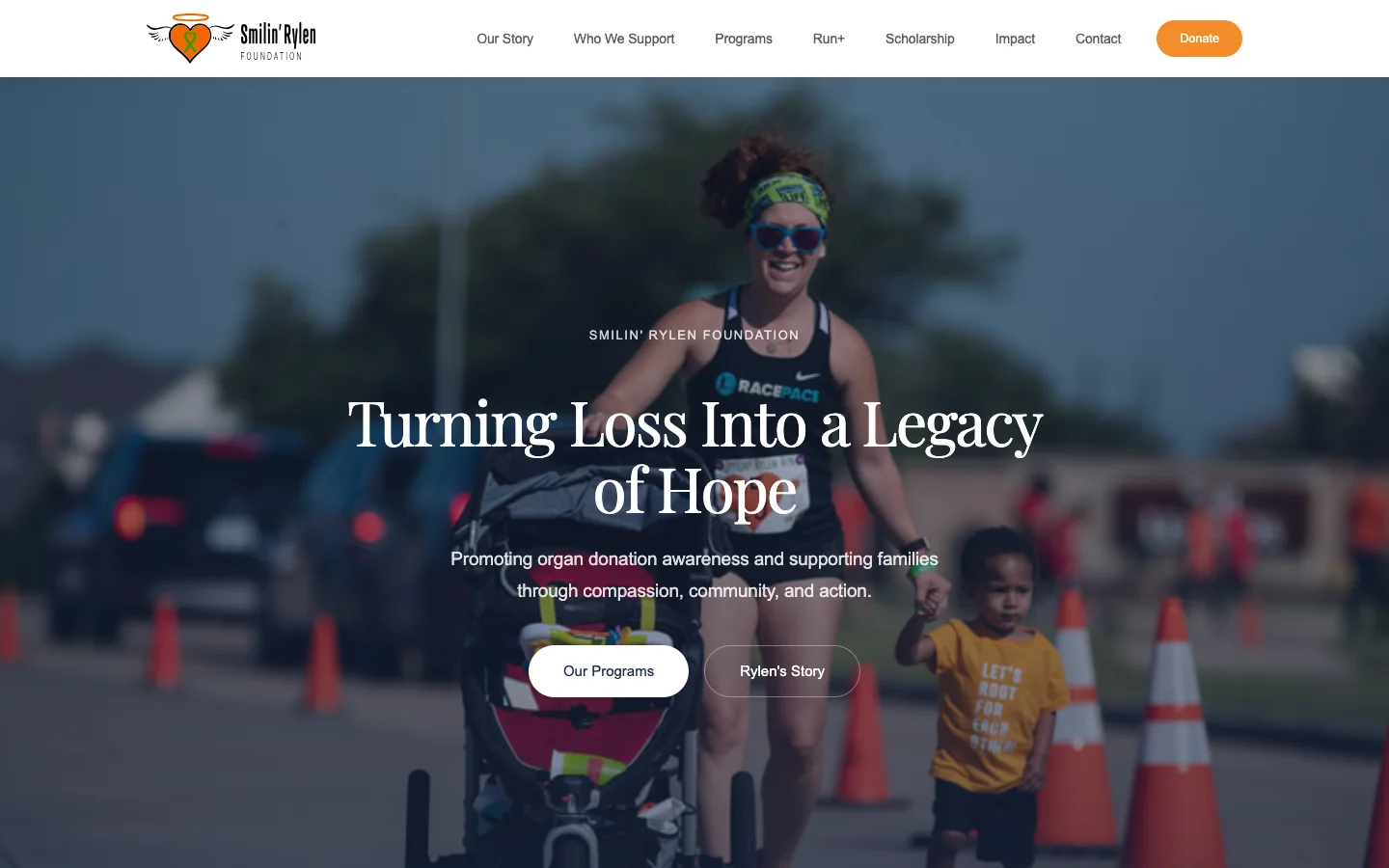 Smilin Rylen Foundation homepage hero with the Turning Loss Into a Legacy of Hope headline