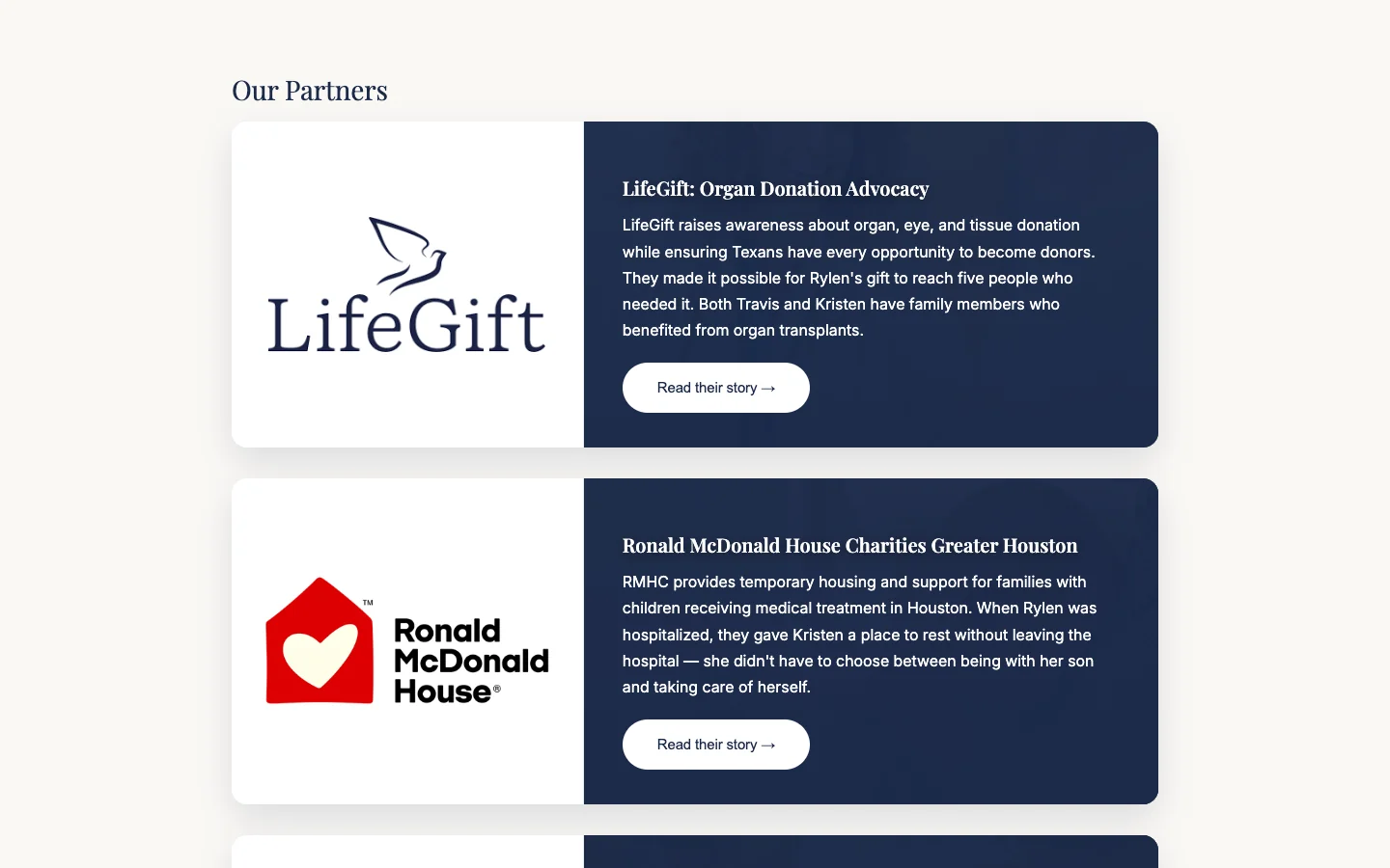 Smilin Rylen Foundation Who We Support page with partner cards for LifeGift and Ronald McDonald House