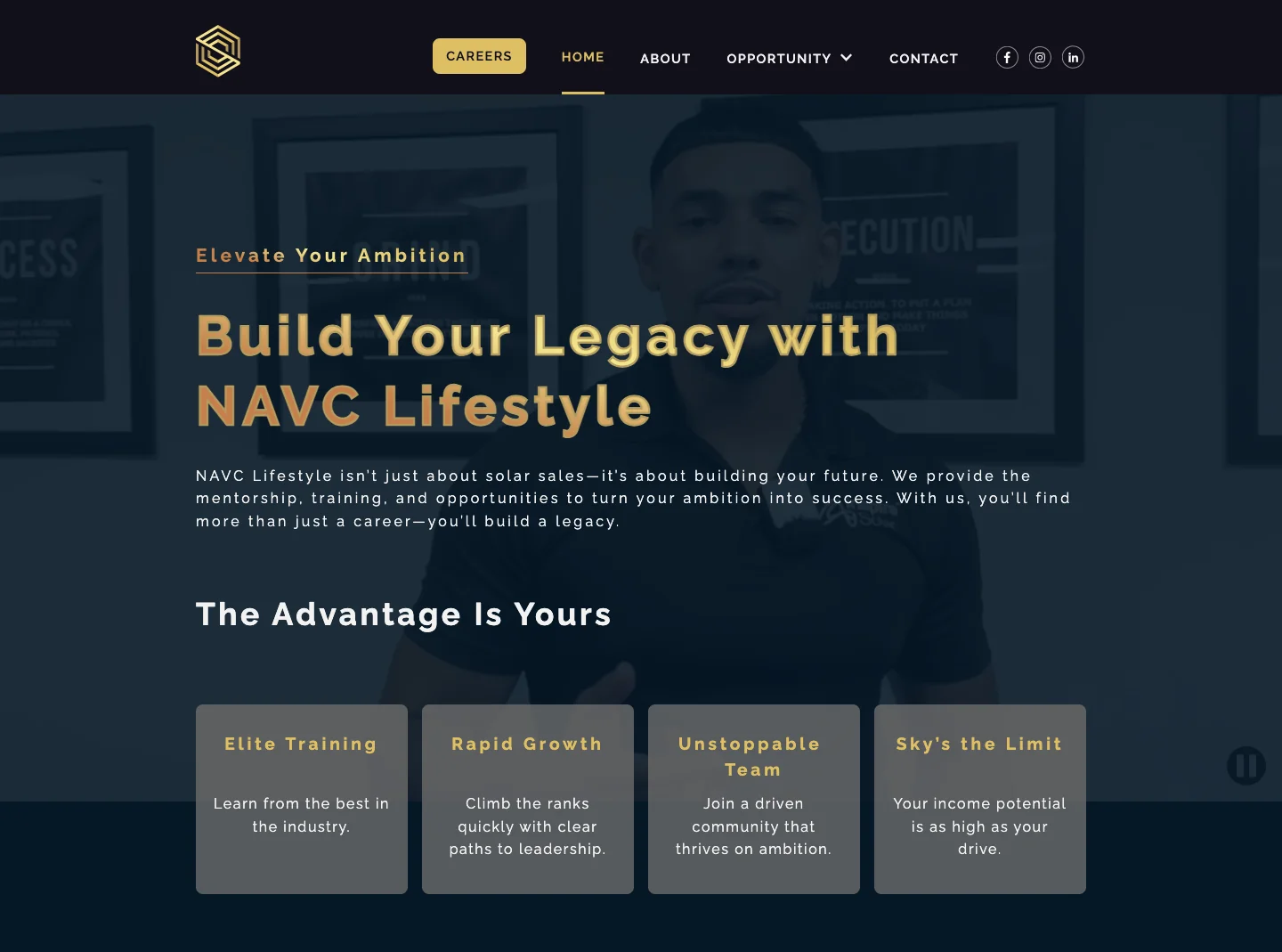 NAVC Lifestyle homepage with video hero and The Advantage Is Yours benefit cards