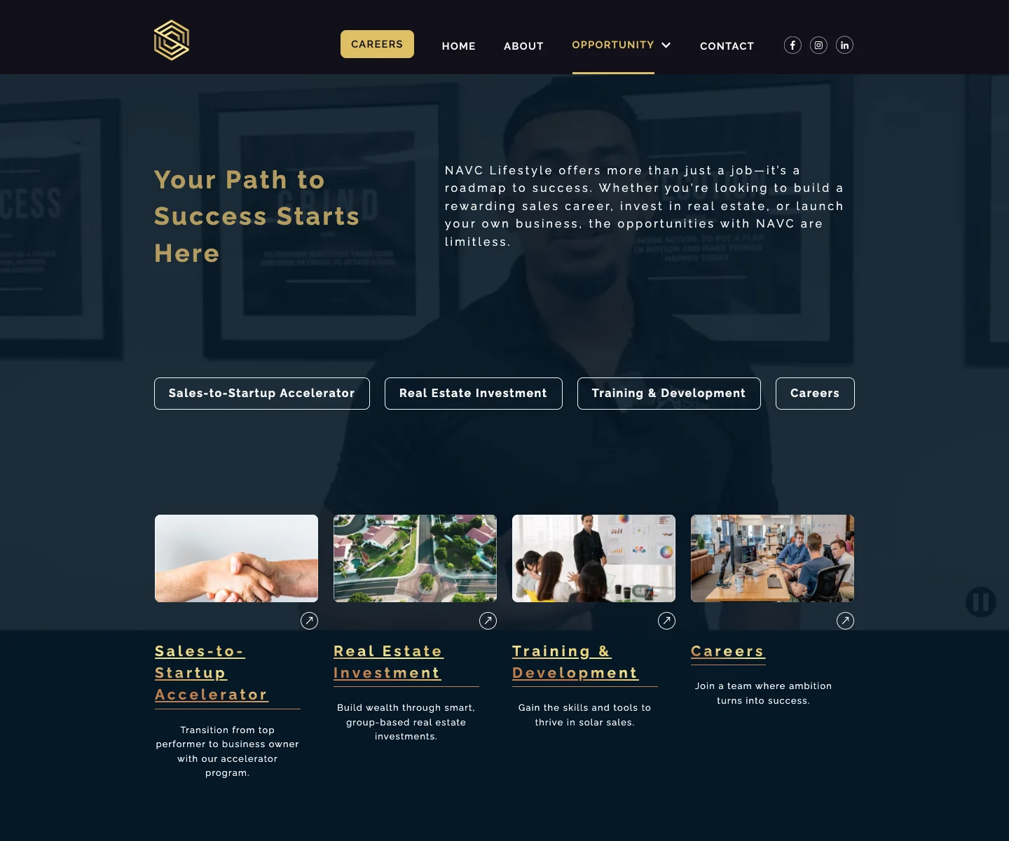 NAVC Lifestyle opportunity page linking to the accelerator, real estate, training, and careers paths