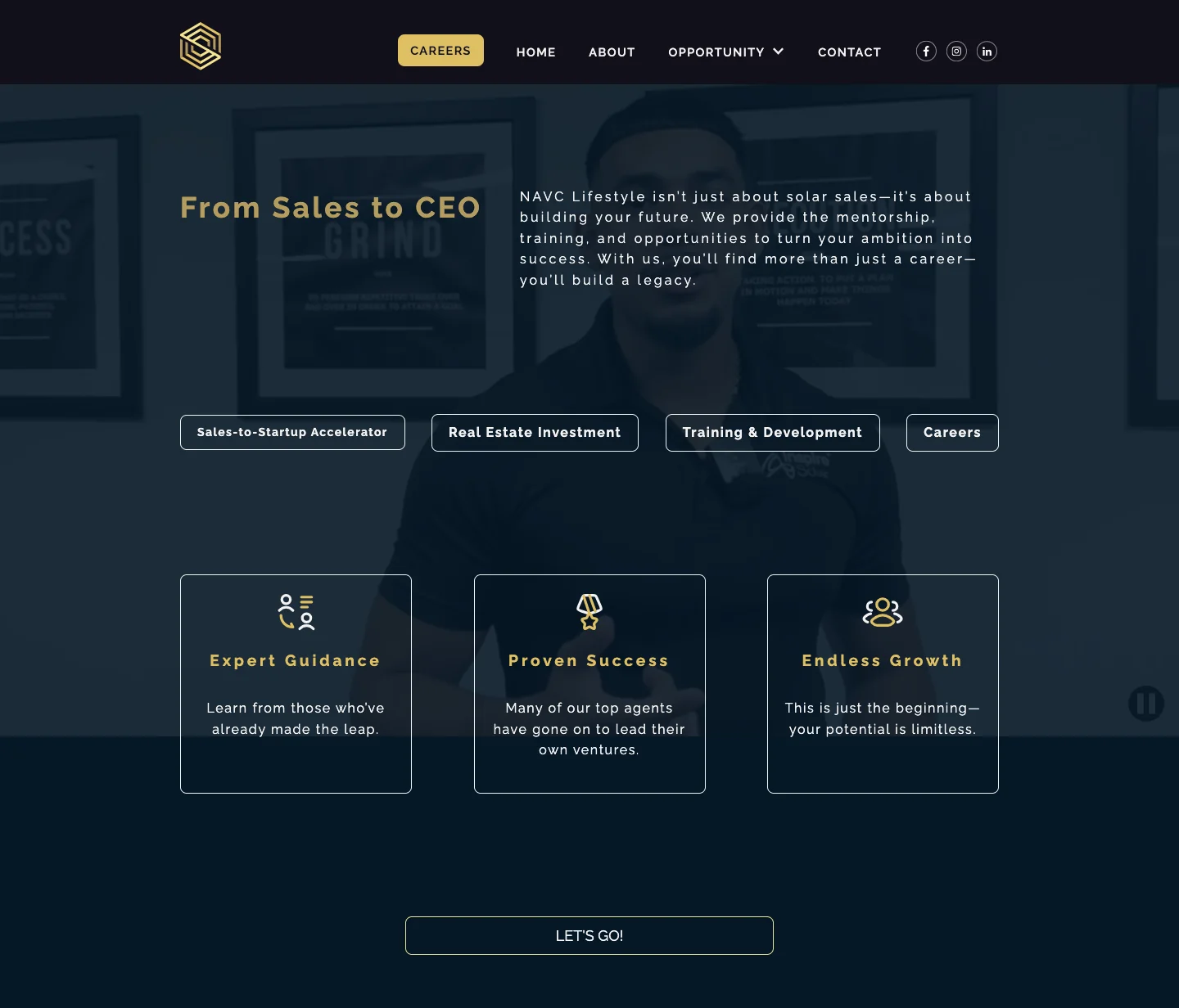 NAVC Lifestyle Sales to Startup Accelerator page with From Sales to CEO messaging