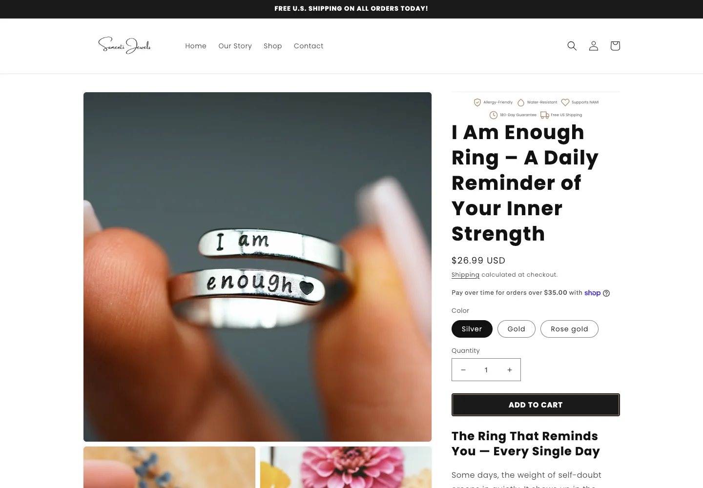 Sumenti Jewels I Am Enough ring product page with image gallery and add to cart panel