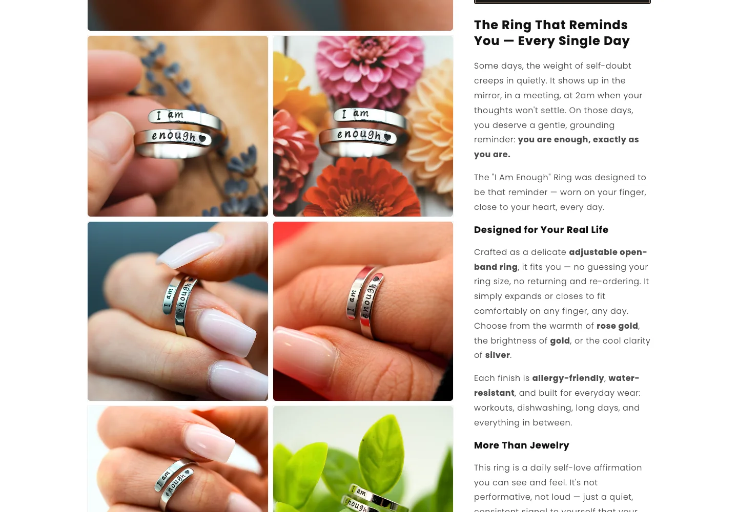 Sumenti Jewels product detail layout pairing lifestyle ring photography with product story copy