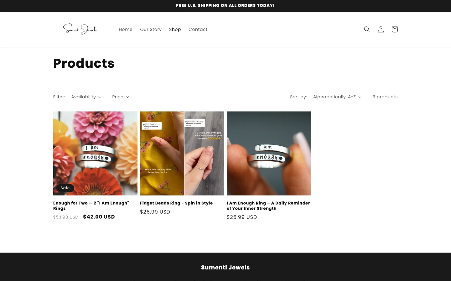 Sumenti Jewels Shopify collection grid with filtering and sorting