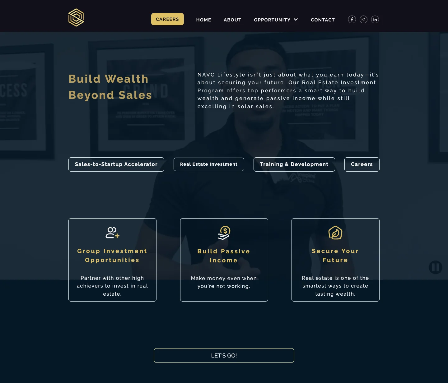 NAVC Lifestyle real estate investment page with Build Wealth Beyond Sales messaging and benefit cards