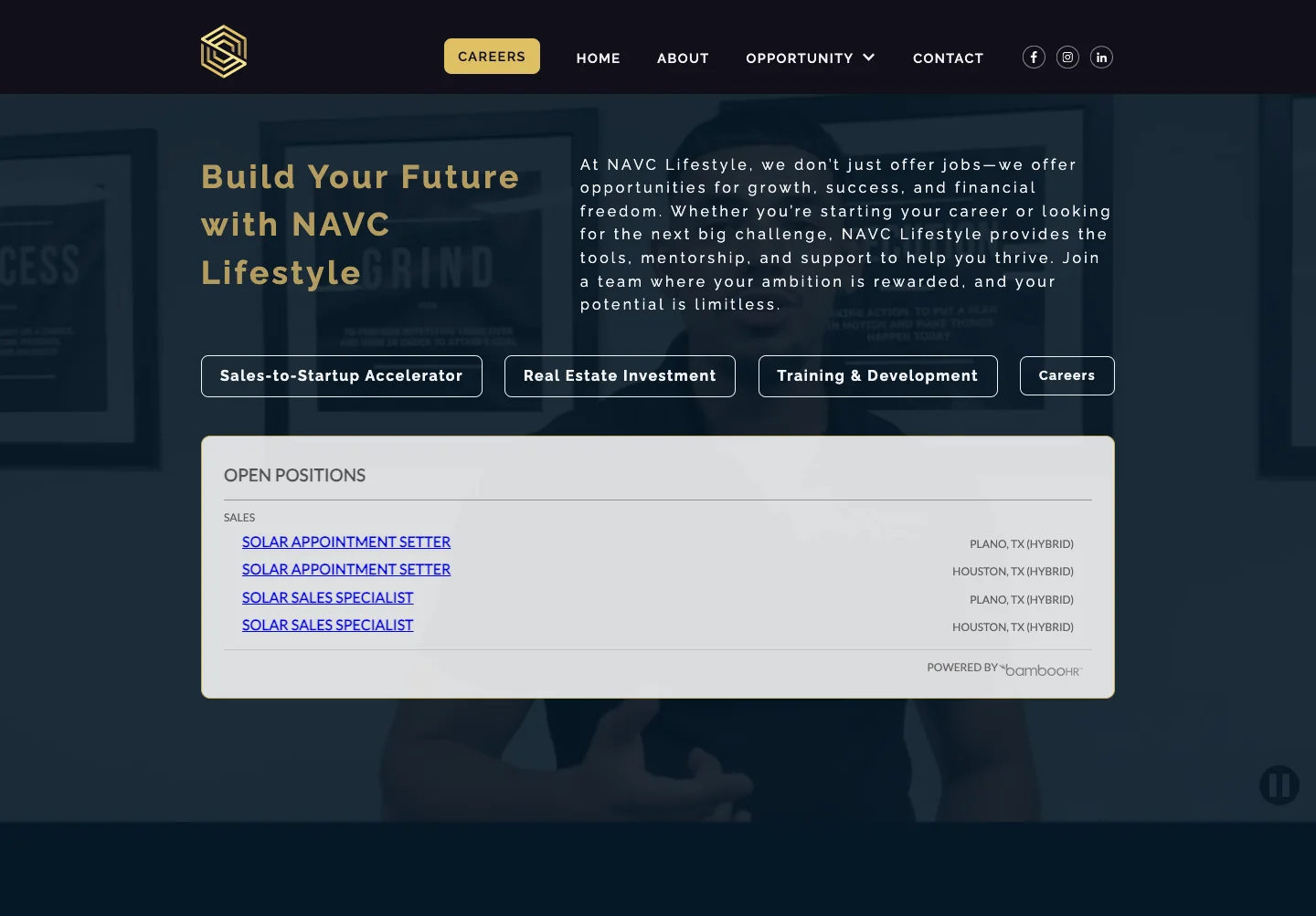 NAVC Lifestyle careers page with integrated open positions listing