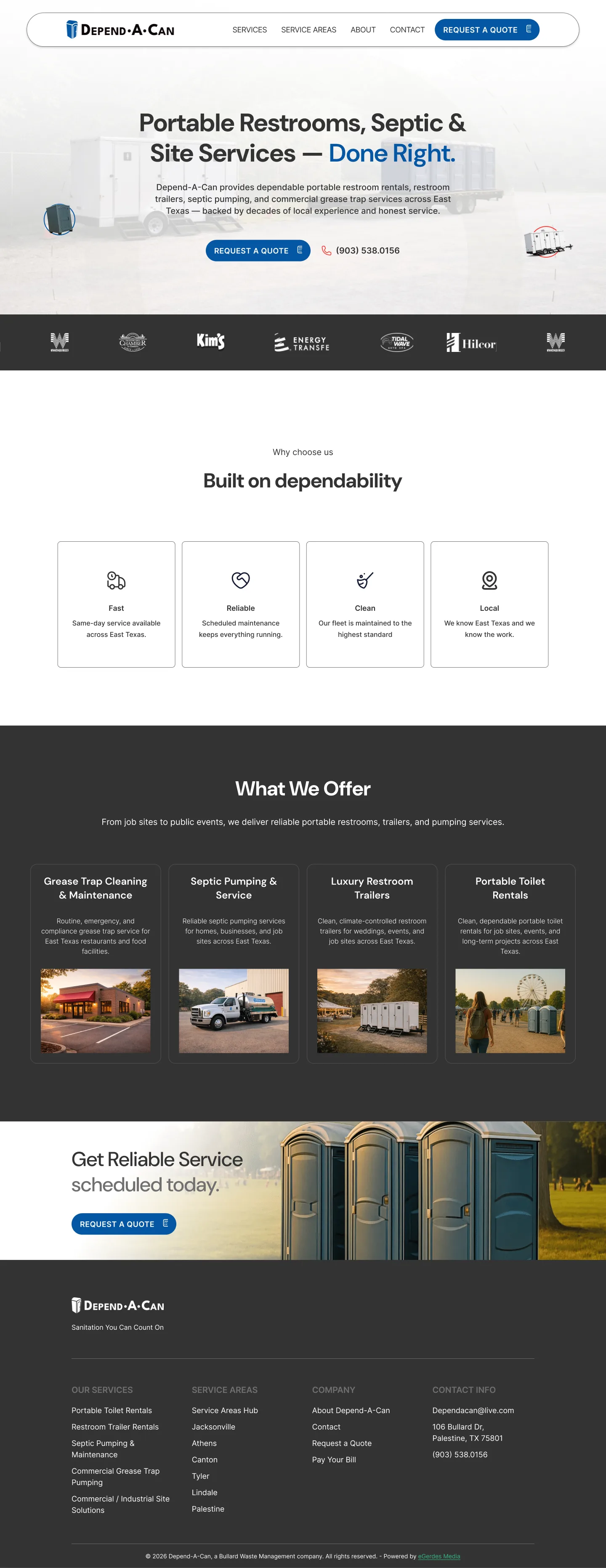 Depend-A-Can homepage design on desktop with the phone number and Request a Quote button up top