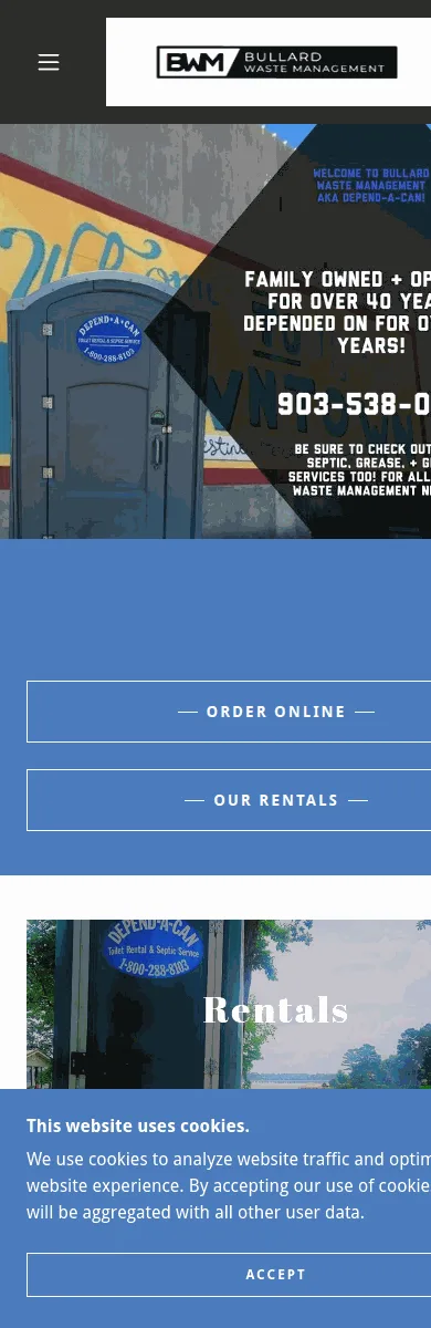 Before: the 2025 Bullard Waste Management GoDaddy homepage on a phone, with a cookie banner covering the screen