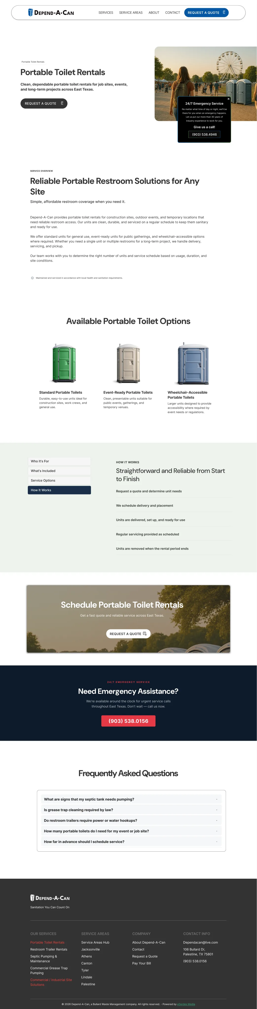 Depend-A-Can Portable Toilet Rentals service page on desktop