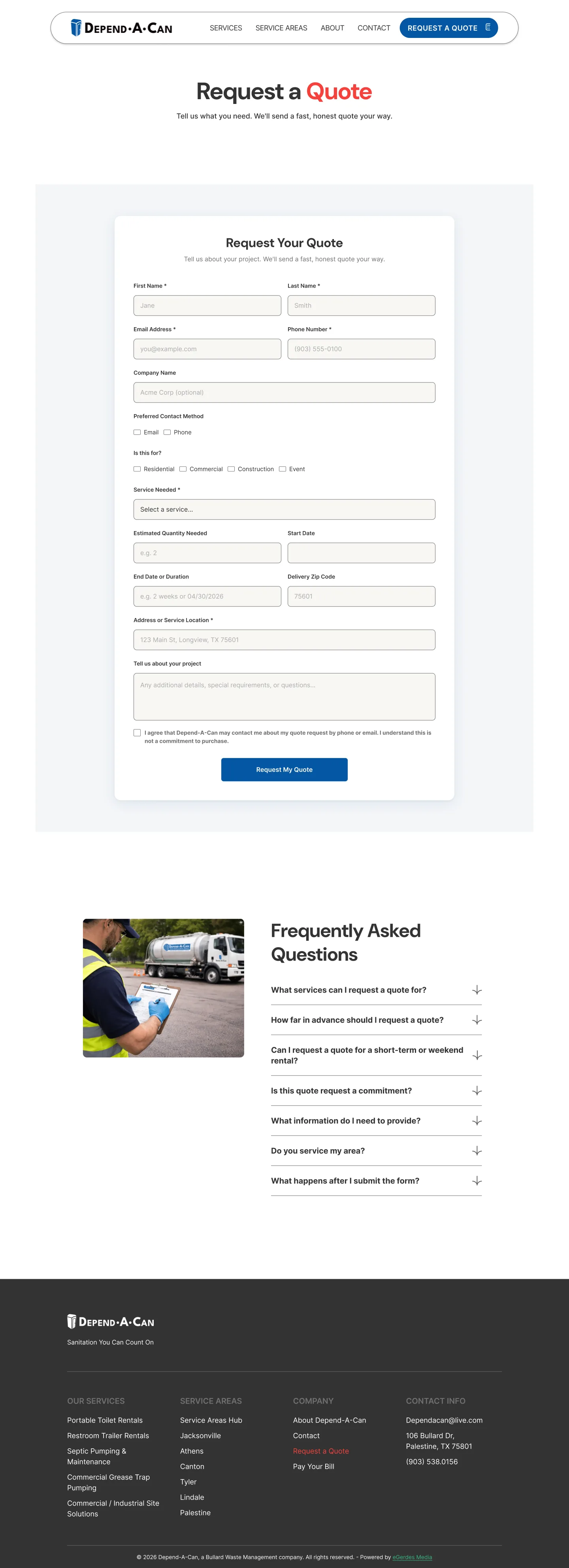 Depend-A-Can Request a Quote page on desktop with service, project, dates and delivery fields