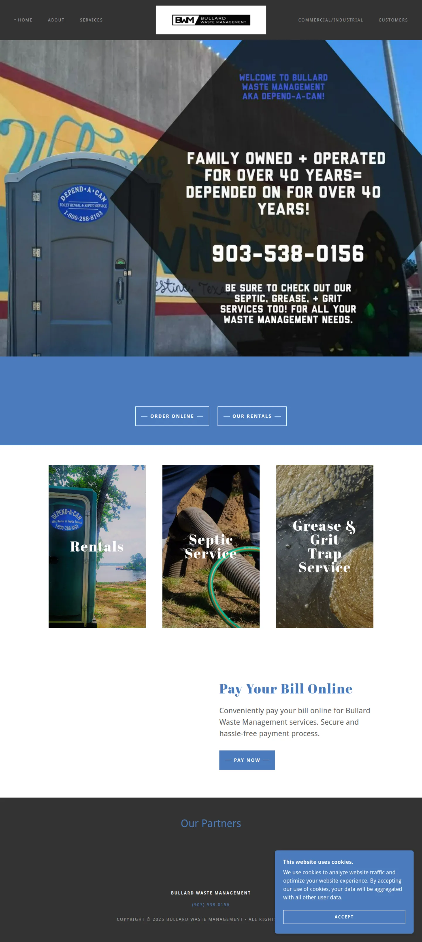 Before: the 2025 Bullard Waste Management GoDaddy homepage on desktop, reading Welcome to Bullard Waste Management AKA Depend-A-Can