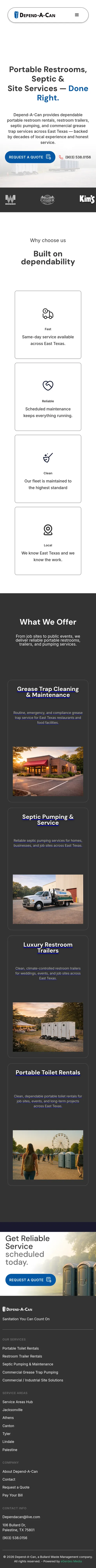Depend-A-Can homepage on mobile with a stacked menu and tap-to-call phone number