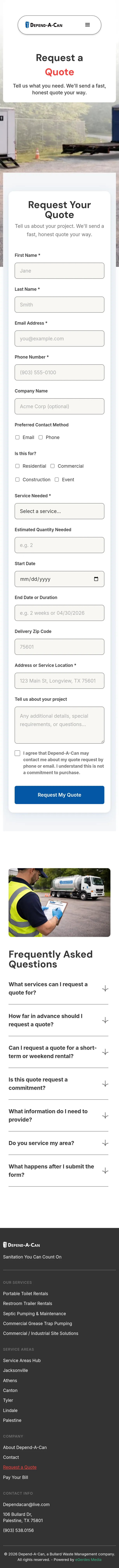 Depend-A-Can Request a Quote form on mobile