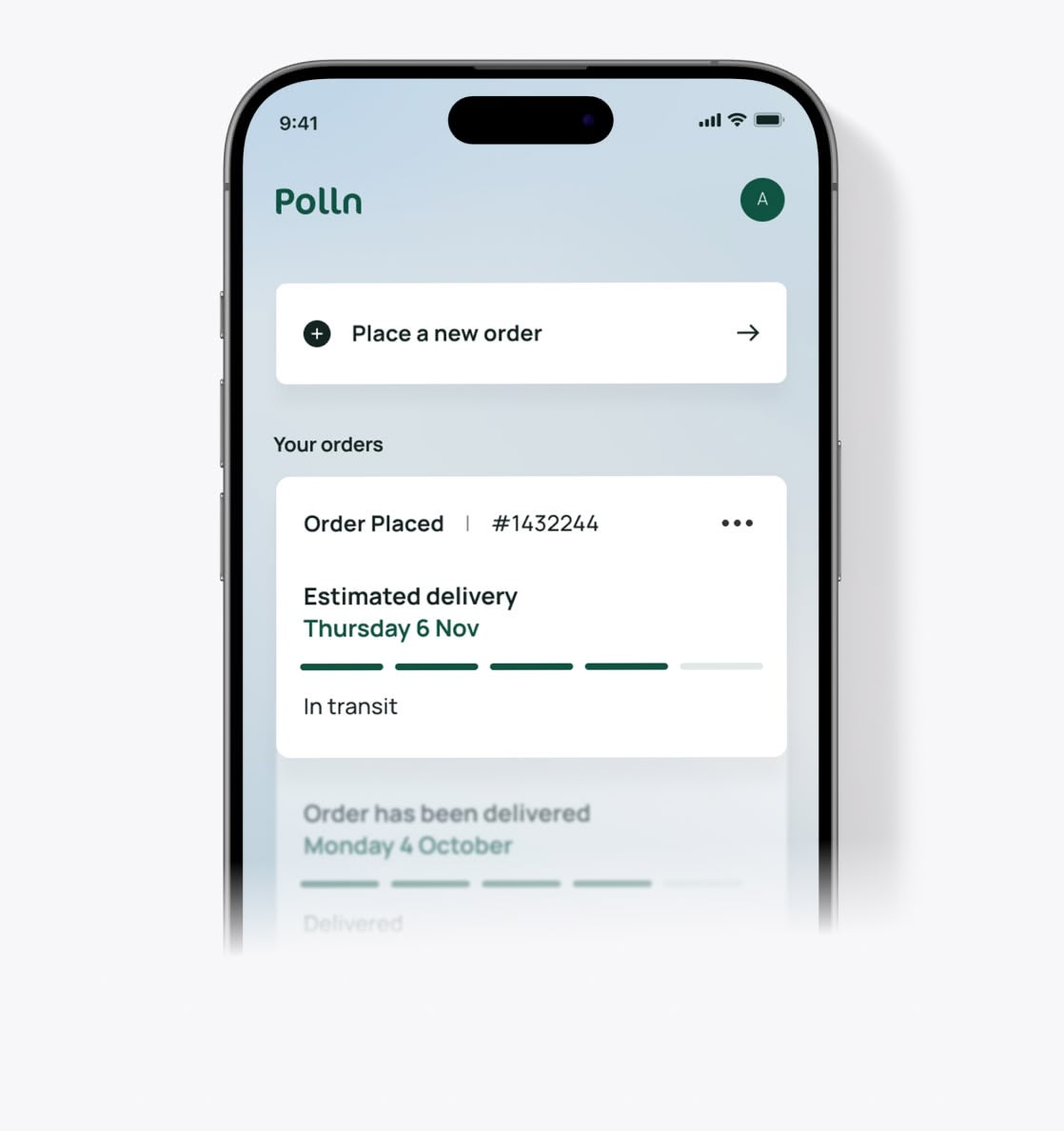 Smartphone screen showing a Polln app interface with options to place a new order and tracking details for order #1432244, marked in transit with estimated delivery on Thursday 6 Nov.