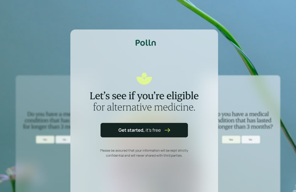 Polln webpage inviting users to check eligibility for alternative medicine with a Get started button on a blurred green background.