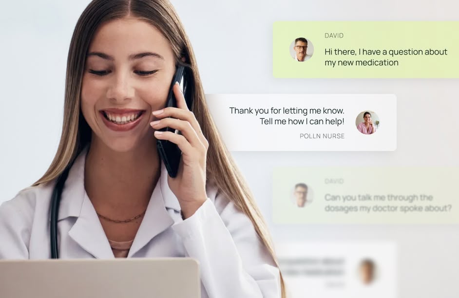 Smiling female doctor wearing a white coat and stethoscope, talking on a phone with chat messages about medication visible beside her.