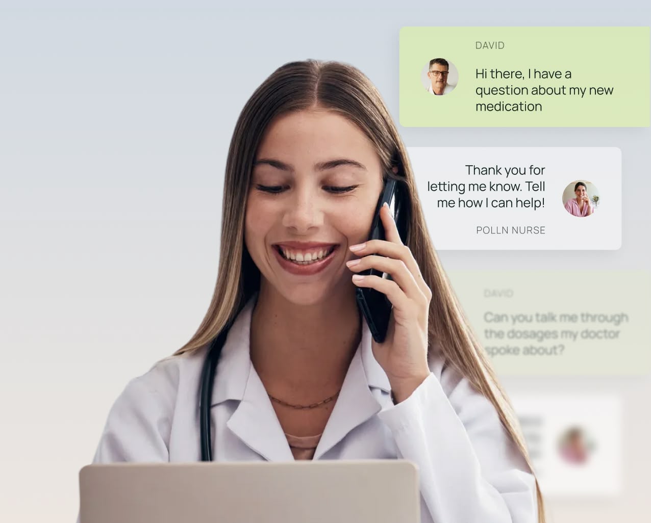 Smiling female nurse with stethoscope talking on phone while looking at a laptop, with chat messages about medication consultation overlayed.
