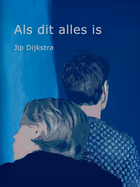 Illustration of two people, backs facing viewer, against a blue background with Dutch text.