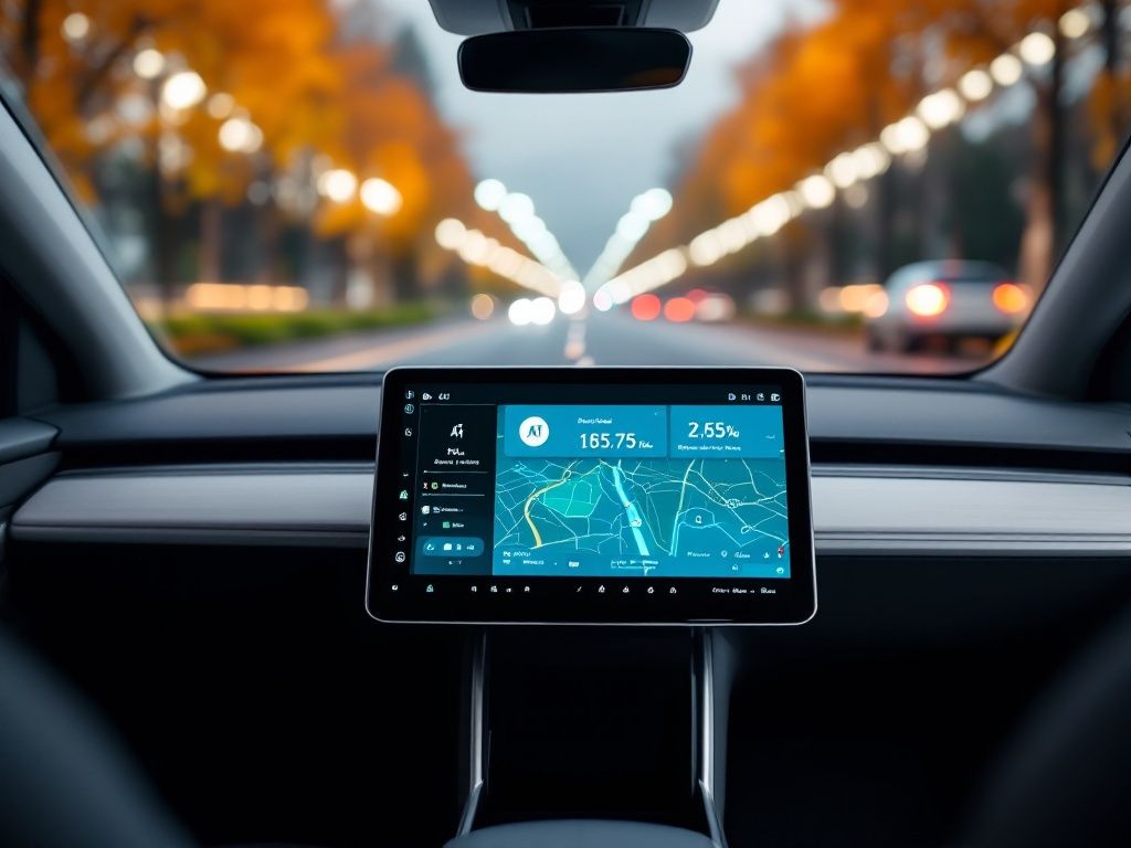 A photorealistic shot capturing a simple, modern car dashboard with a large touchscreen display showing various AI-powered features and navigation