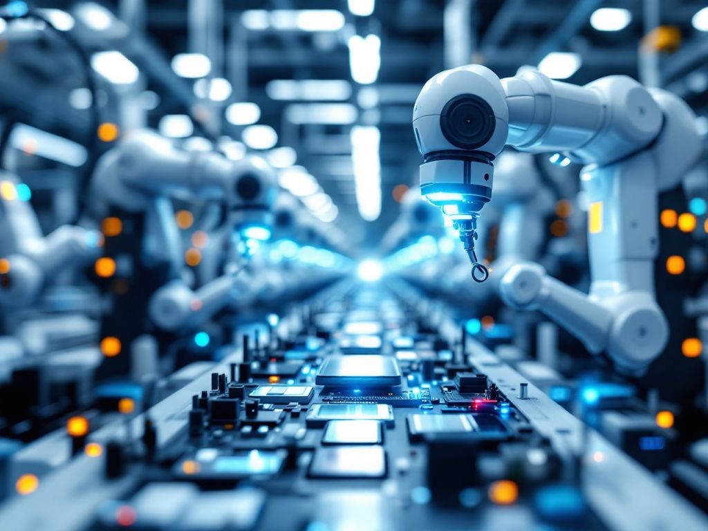 A photorealistic shot capturing a modern, high-tech mobile device assembly line with robotic arms and AI-powered quality control systems inspecting smartphones