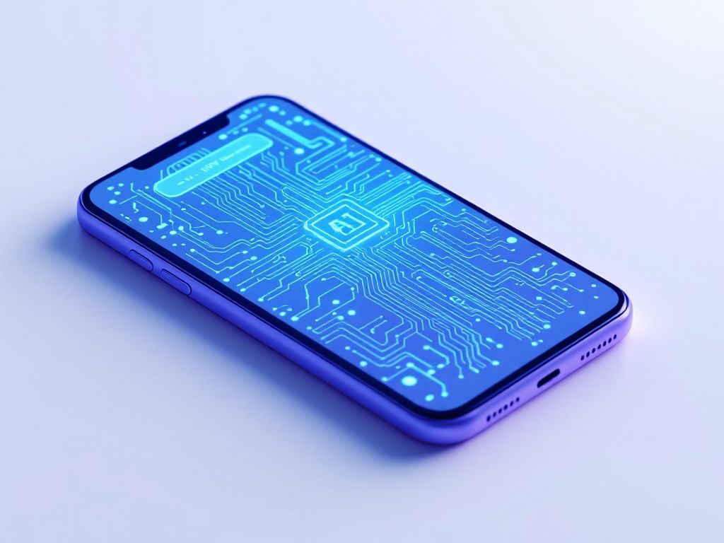 A photorealistic shot capturing a simple, solid-colored smartphone with a glowing circuit pattern on its screen, symbolizing AI processing