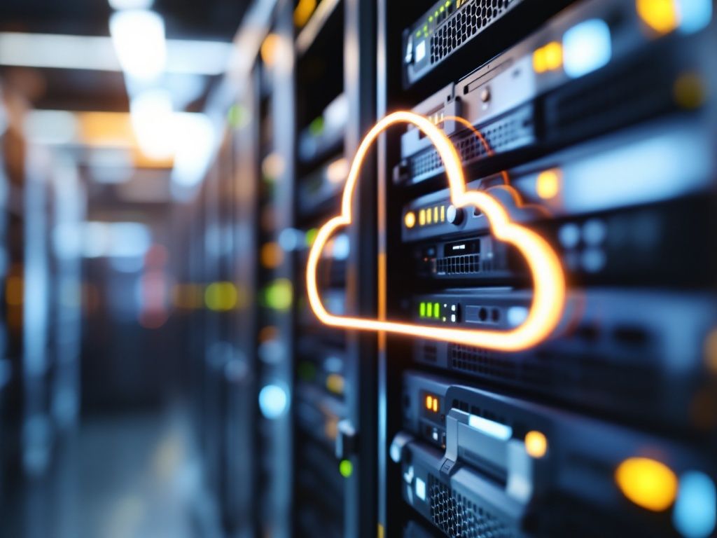 A photorealistic shot capturing a detailed view of a modern server rack with cloud connectivity symbols, representing the infrastructure for cloud-based disaster recovery