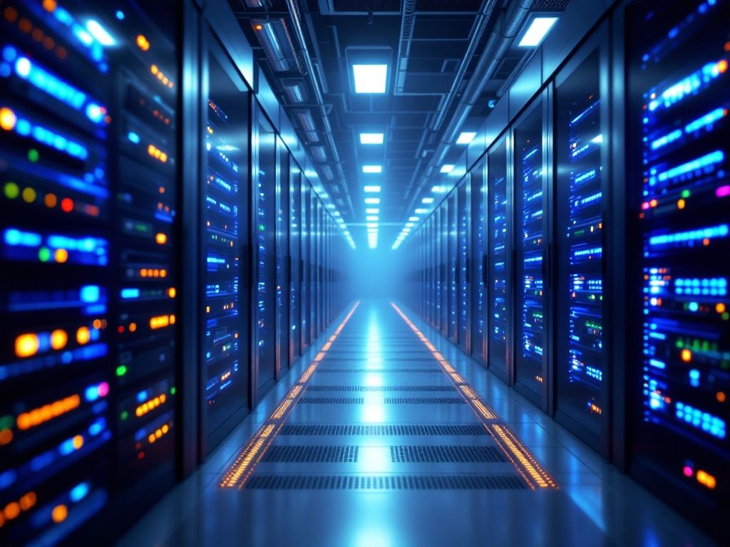 A photorealistic shot capturing a modern data center with rows of servers and network equipment, emphasizing the complexity of modern IT infrastructure