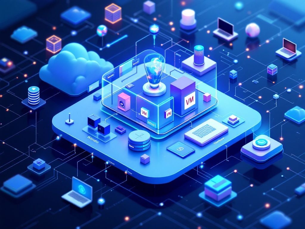 A photorealistic shot capturing a detailed diagram illustrating the key components of a virtualization platform. The image should show a central hypervisor connected to various elements such as VMs, containers, storage pools, and virtual networks. Include visual representations of management interfaces and orchestration tools. Use a clean, technical style with clear labels for each component.